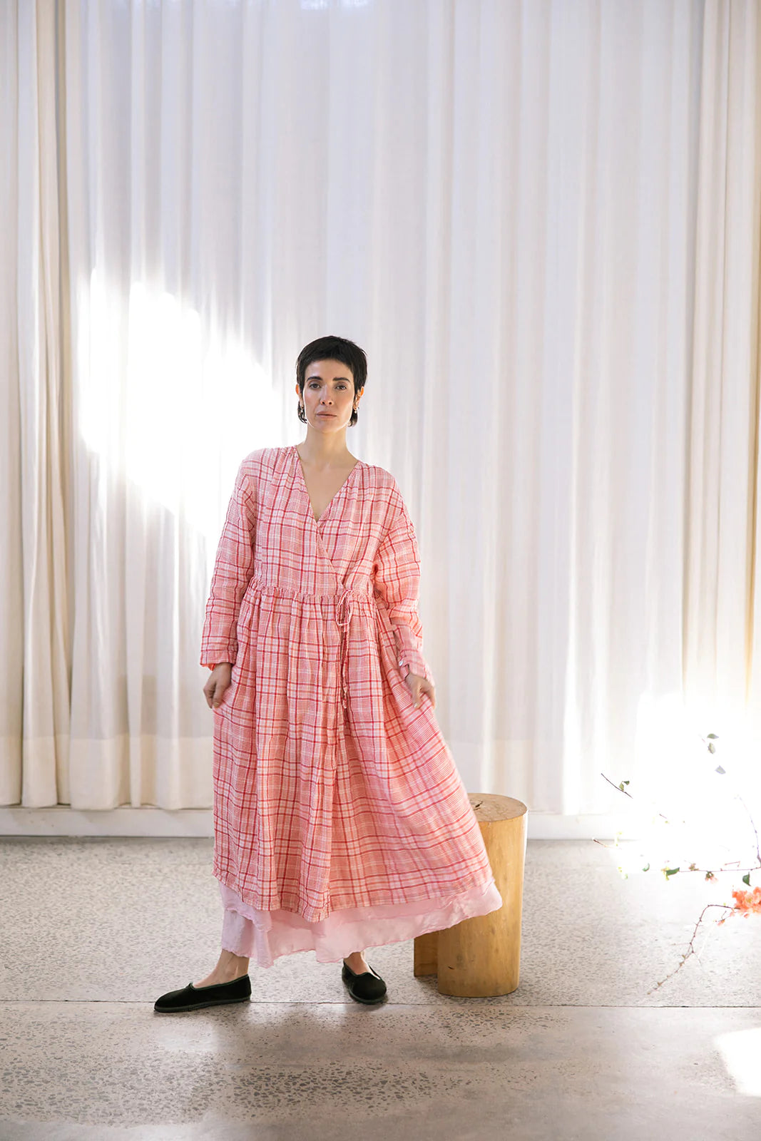 Amilie Wrap Dress - Red & Pink Check Linen