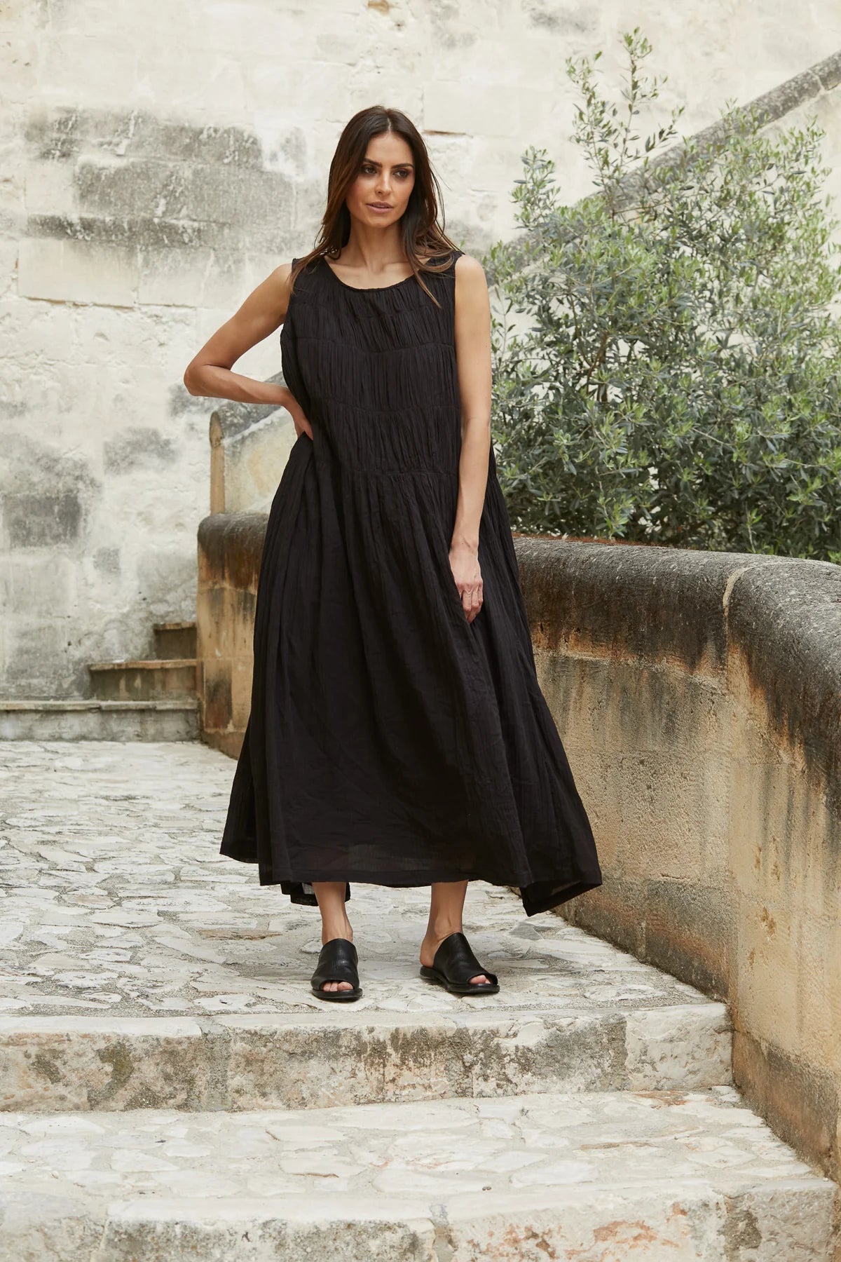 ATHENA DRESS LONG GAUZE COTTON - Black