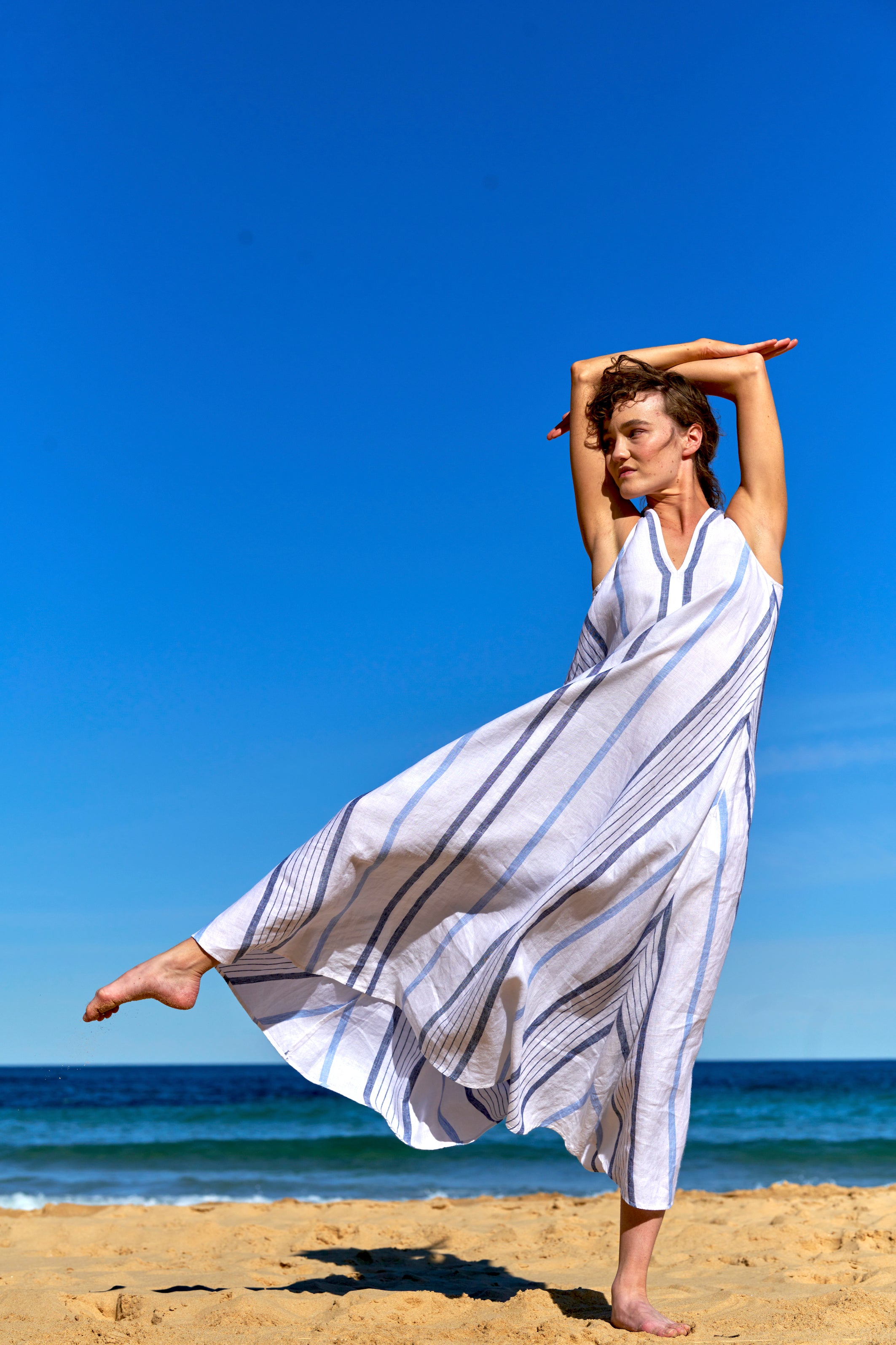 Blue and white striped linen dress hotsell