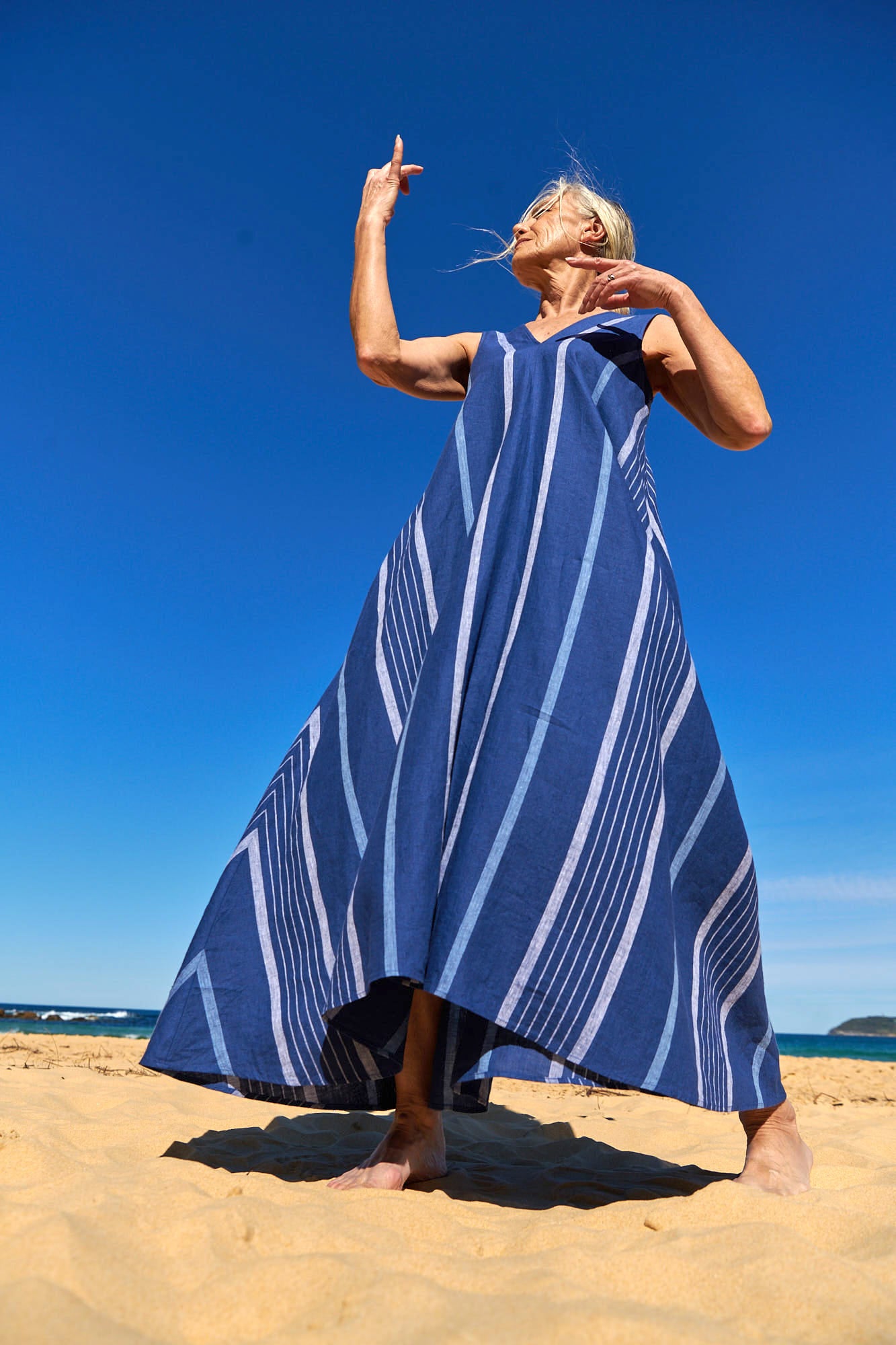 Sasha Dress Stripe Linen Indigo