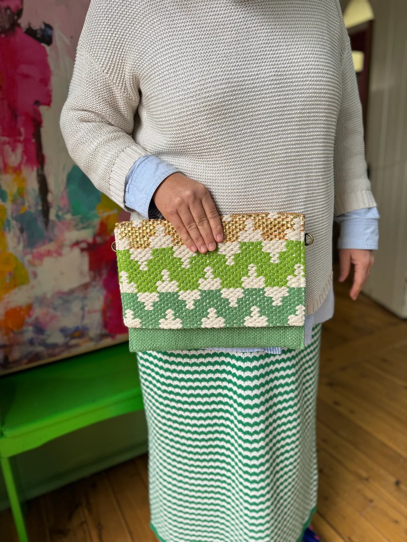 Metallic Woven Envelope Clutch/Bag - Green