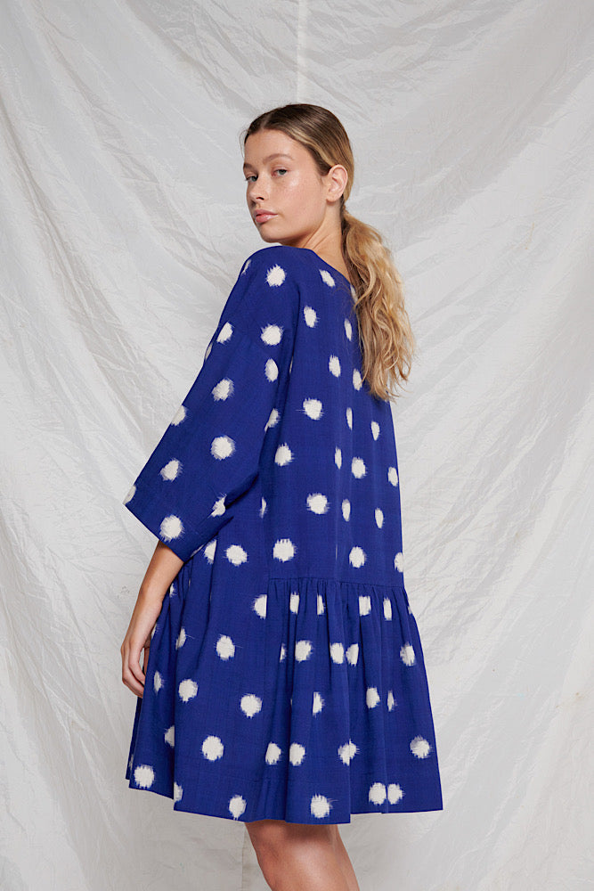 Pre-loved Osha Dress - Spot Ikat Blue/Ivory