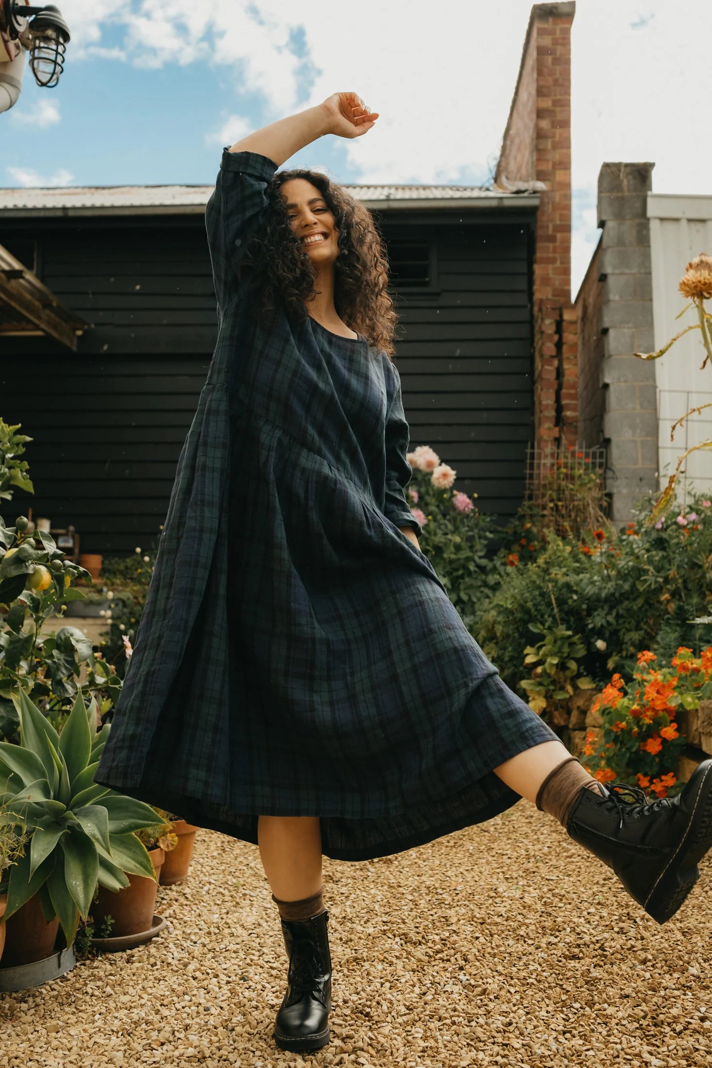 Journee French Linen Dress in Blue Tartan