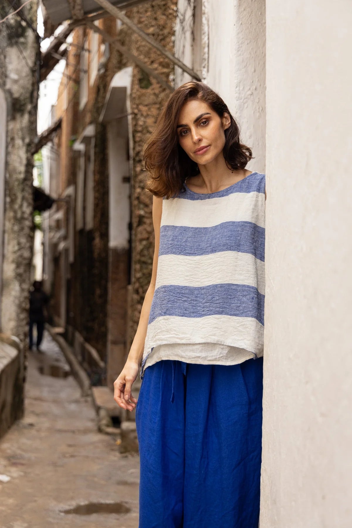 Taji Top - Linen - Blue Stripe