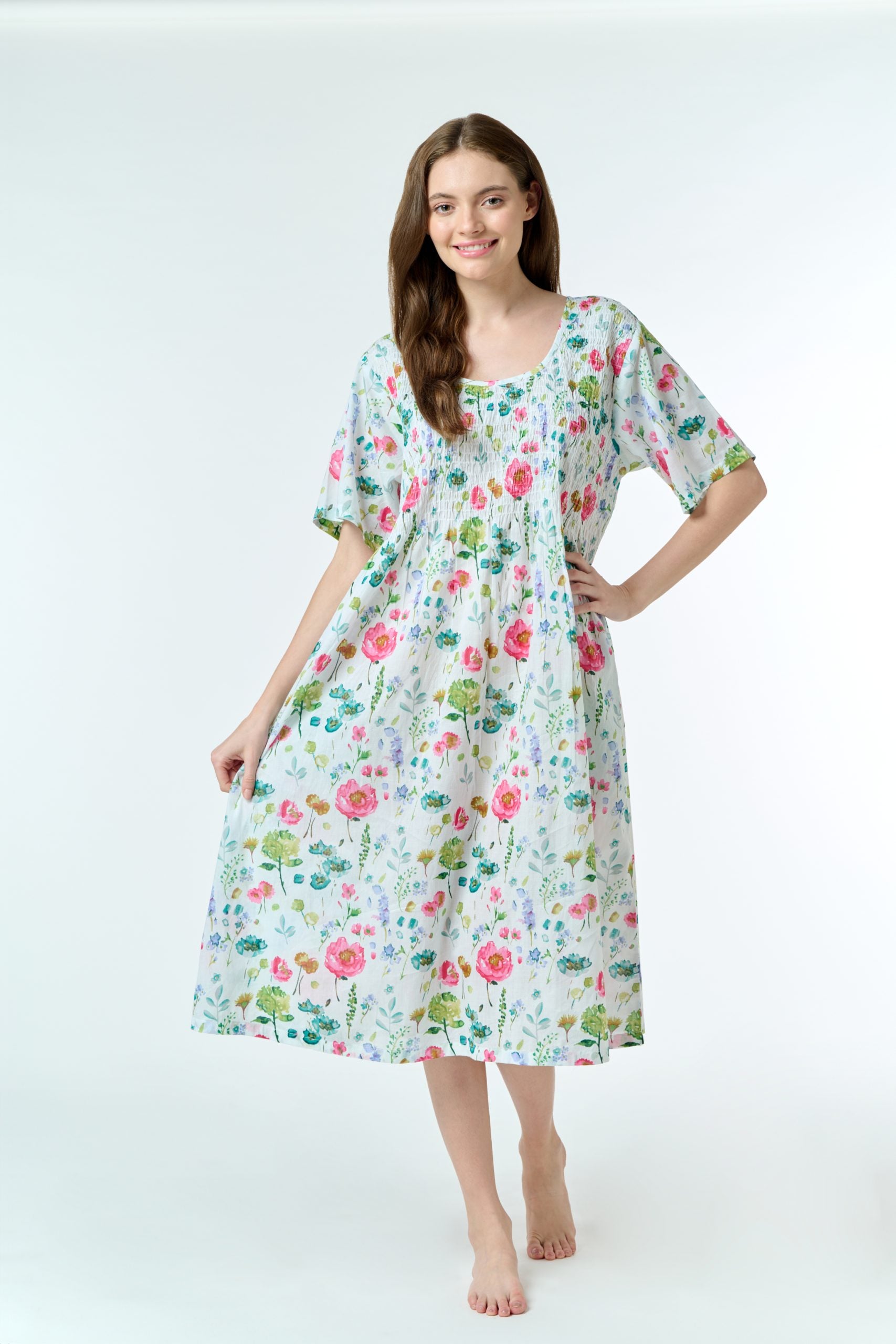 Hand Block Printed Shirred Nightie - Watercolour floral print