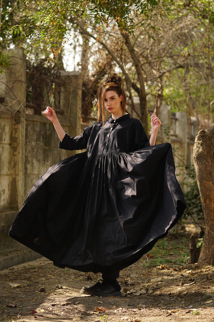 Edith Long Dress Cotton Twill - Black