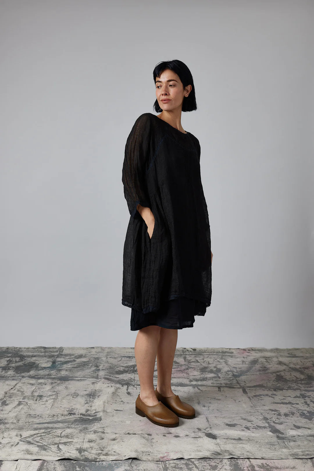 Piper Long Sleeve Lace & Linen Gauze Dress - Black