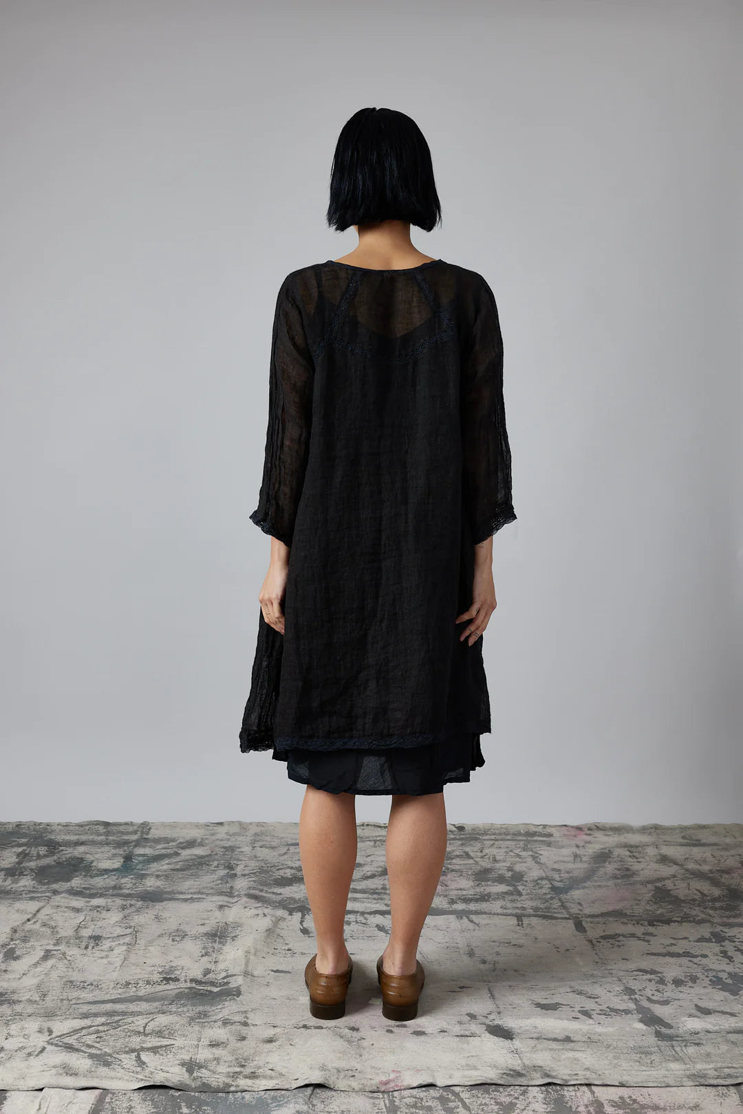Piper Long Sleeve Lace & Linen Gauze Dress - Black