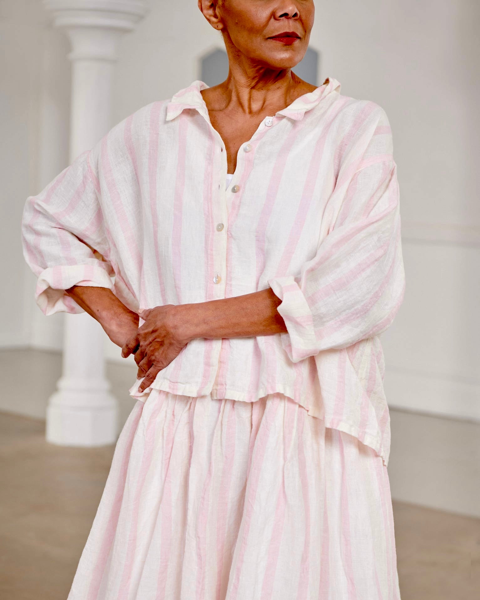 High Tea Slip Dress - Pale Pink & White Stripe Linen