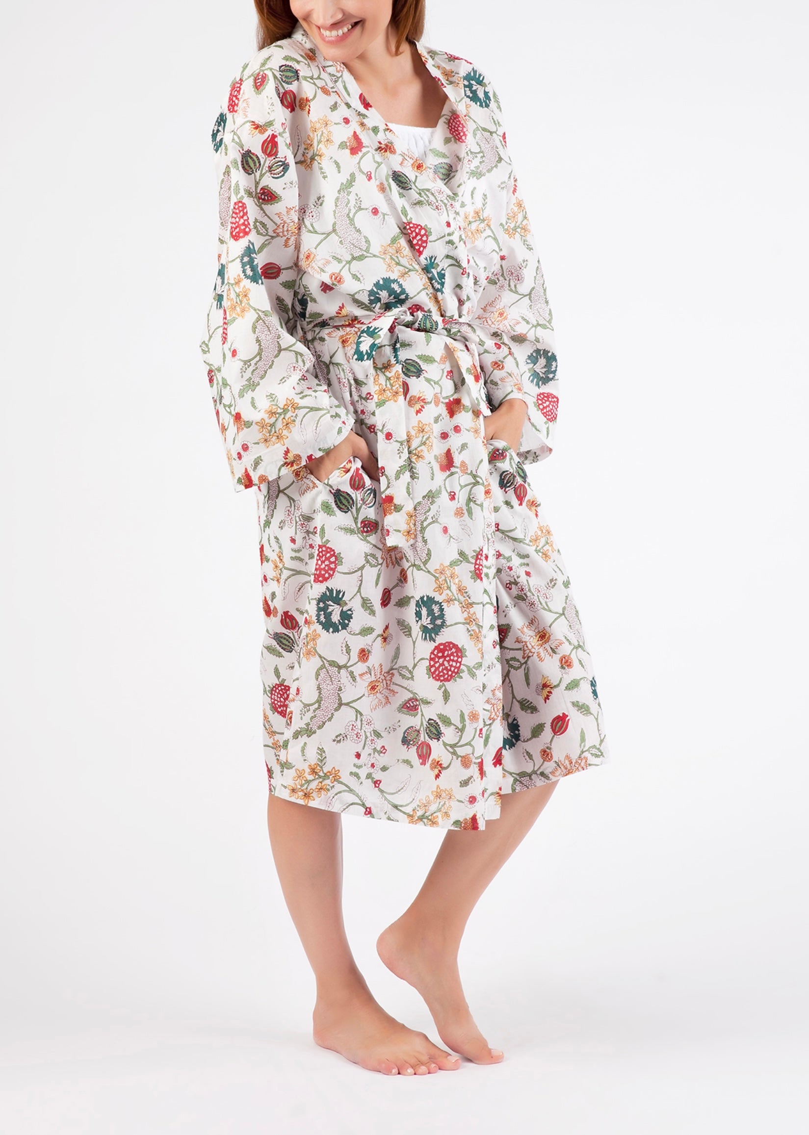 Hand Block Printed Dressing Gown - White Floral