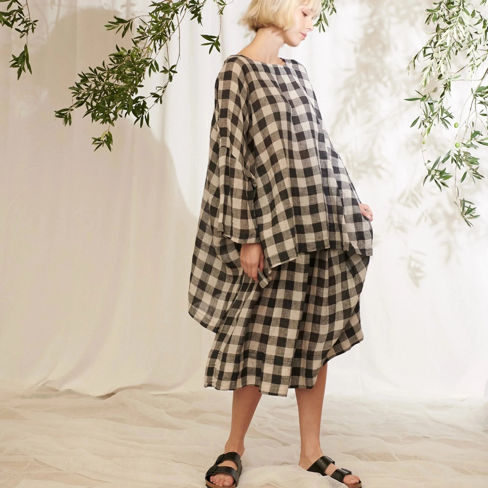 Isabelle Linen Gauze Check Top - Soot/Natural