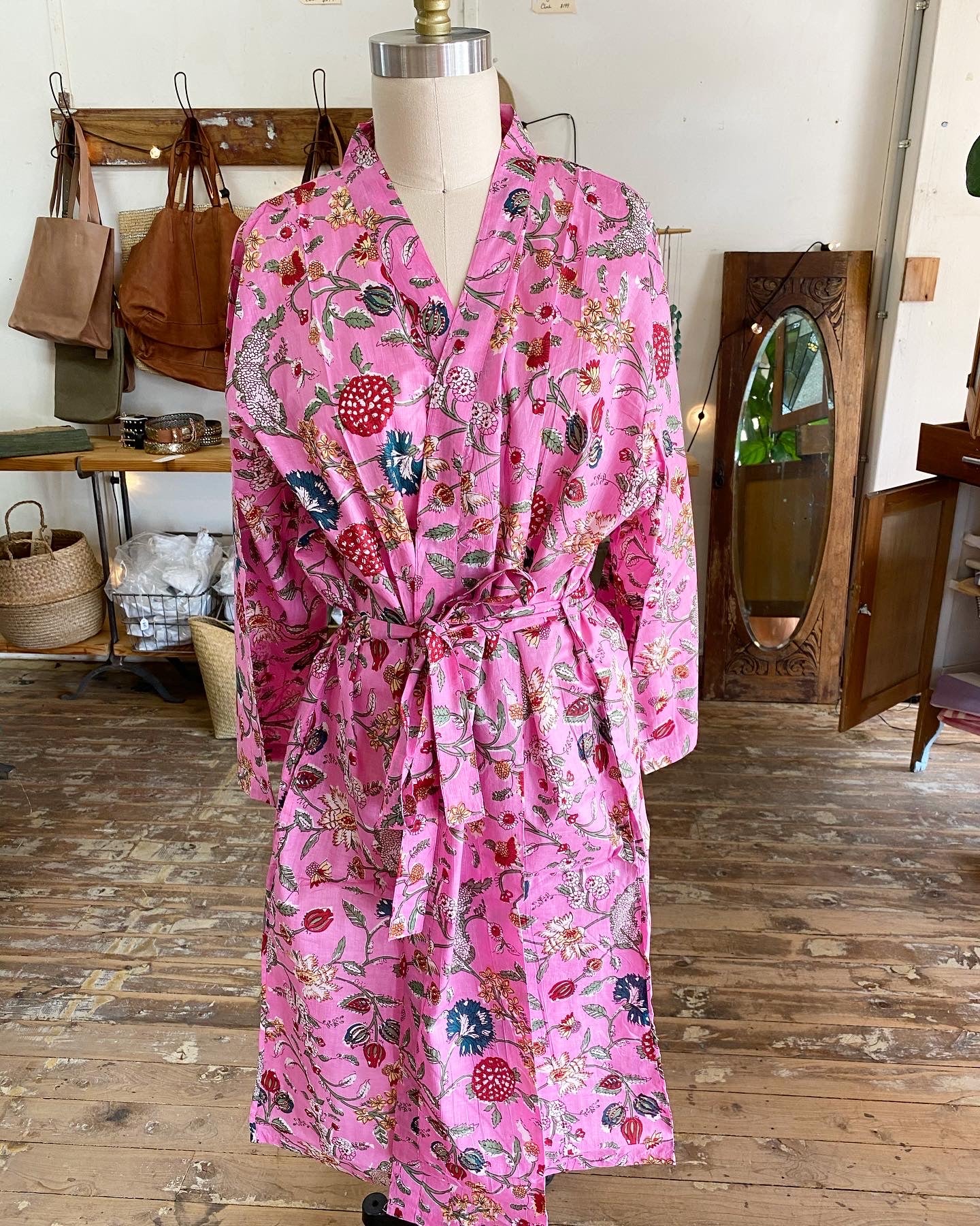 Hand Block Printed Dressing Gown - Pink Floral
