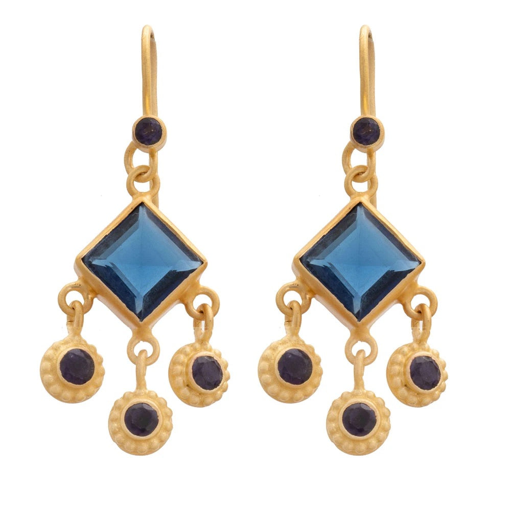 Square faceted Iolite glass gold plate earrings