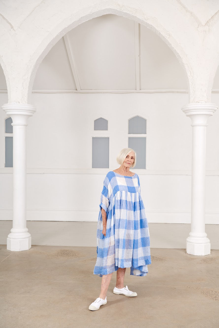 Anouk Linen Gauze Tunic Dress - Blue and White Square