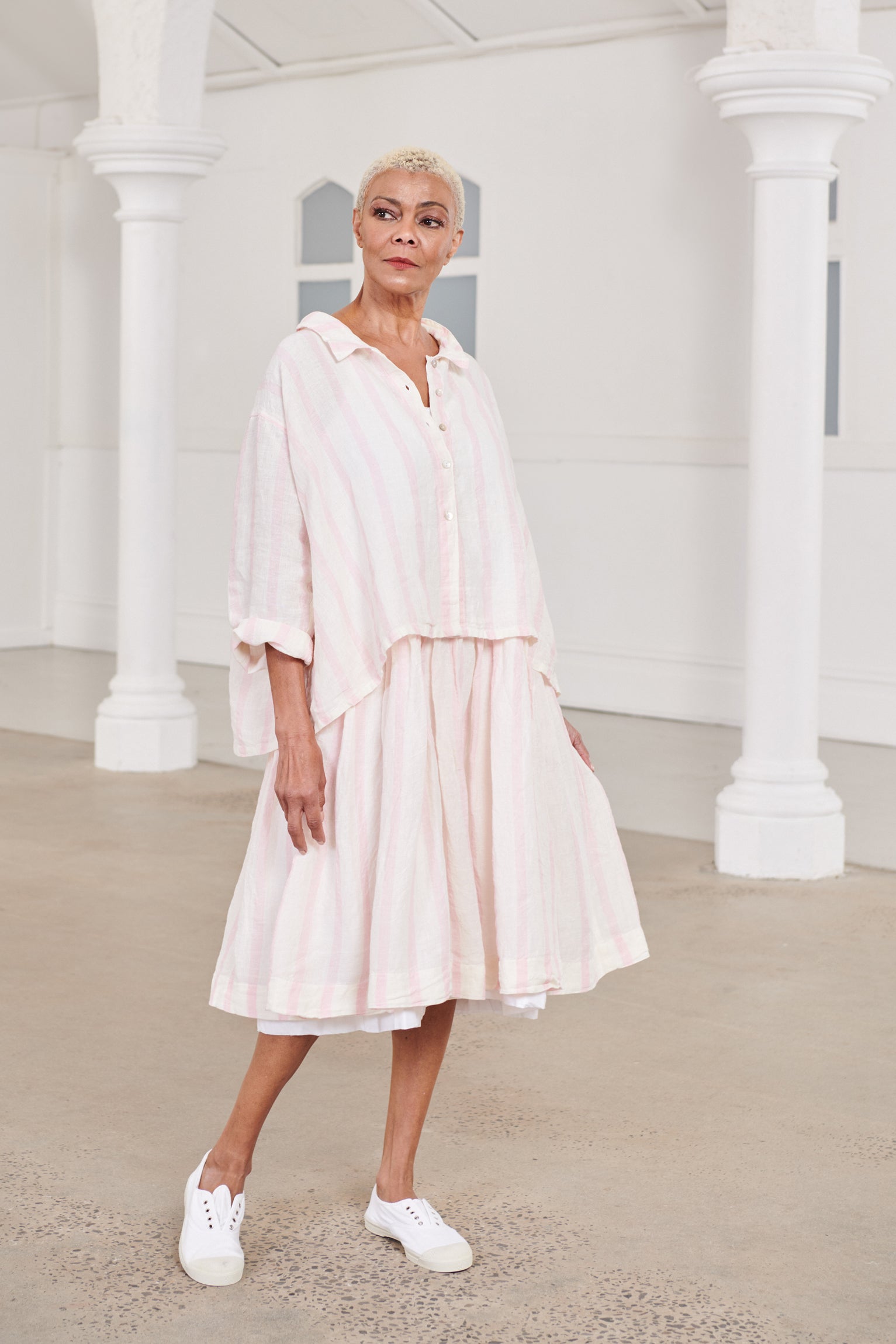 High Tea Slip Dress - Pale Pink & White Stripe Linen