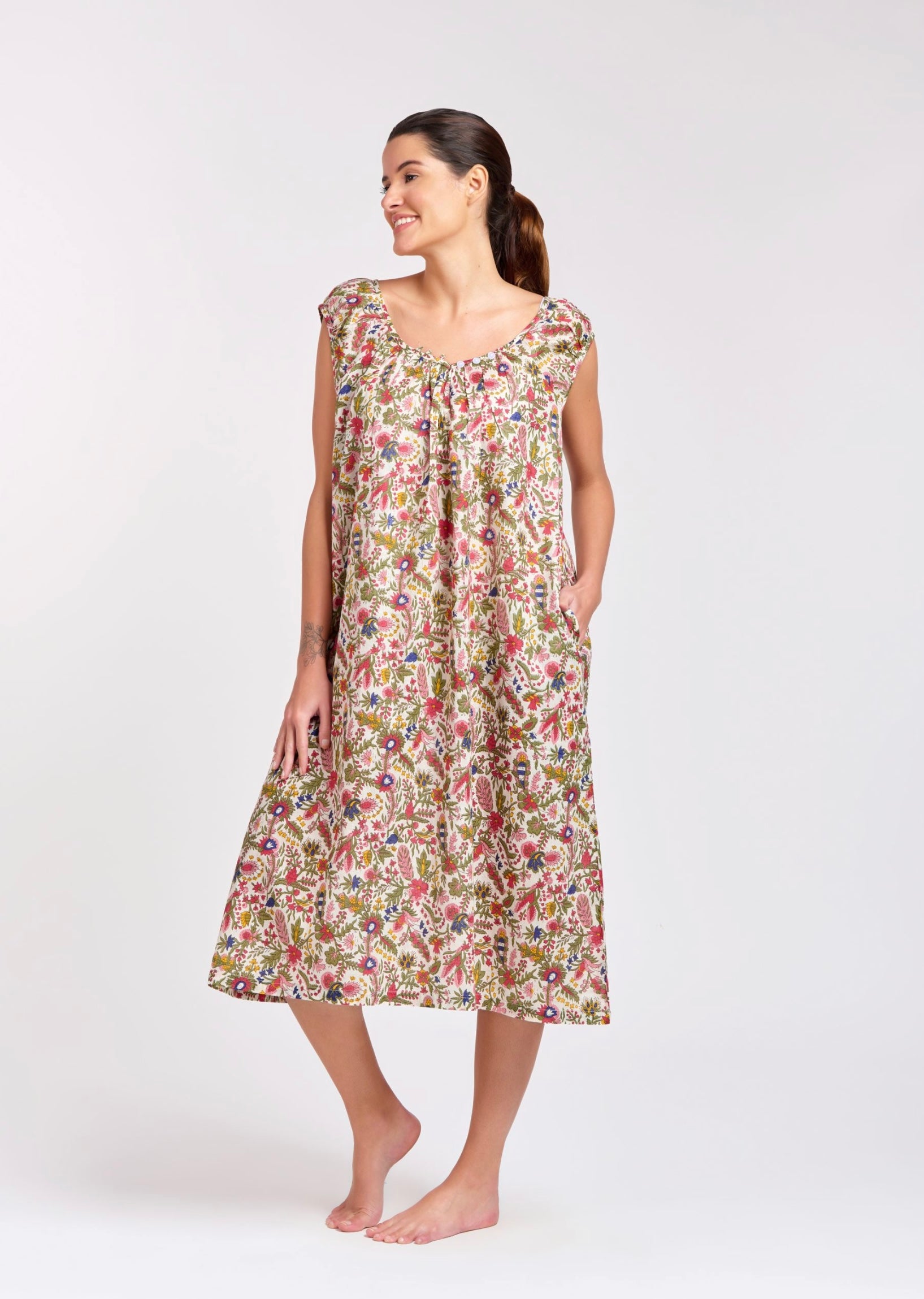 Hand Block Printed Capped Sleeve Nightie/Dress - Red/Pink Floral