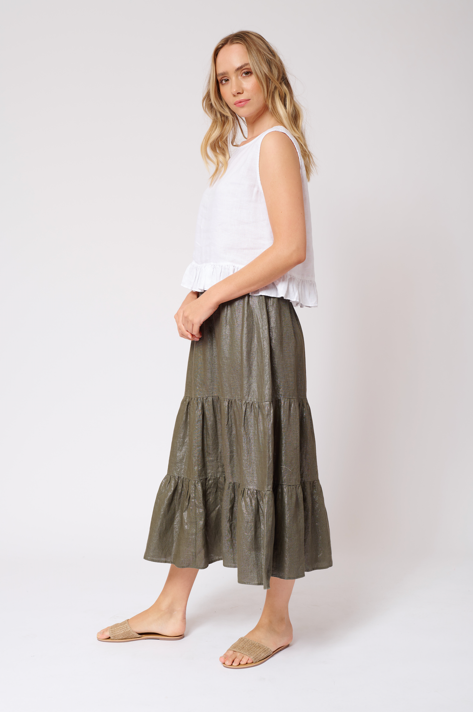 Delilah Skirt in Lurex Linen - Kahki