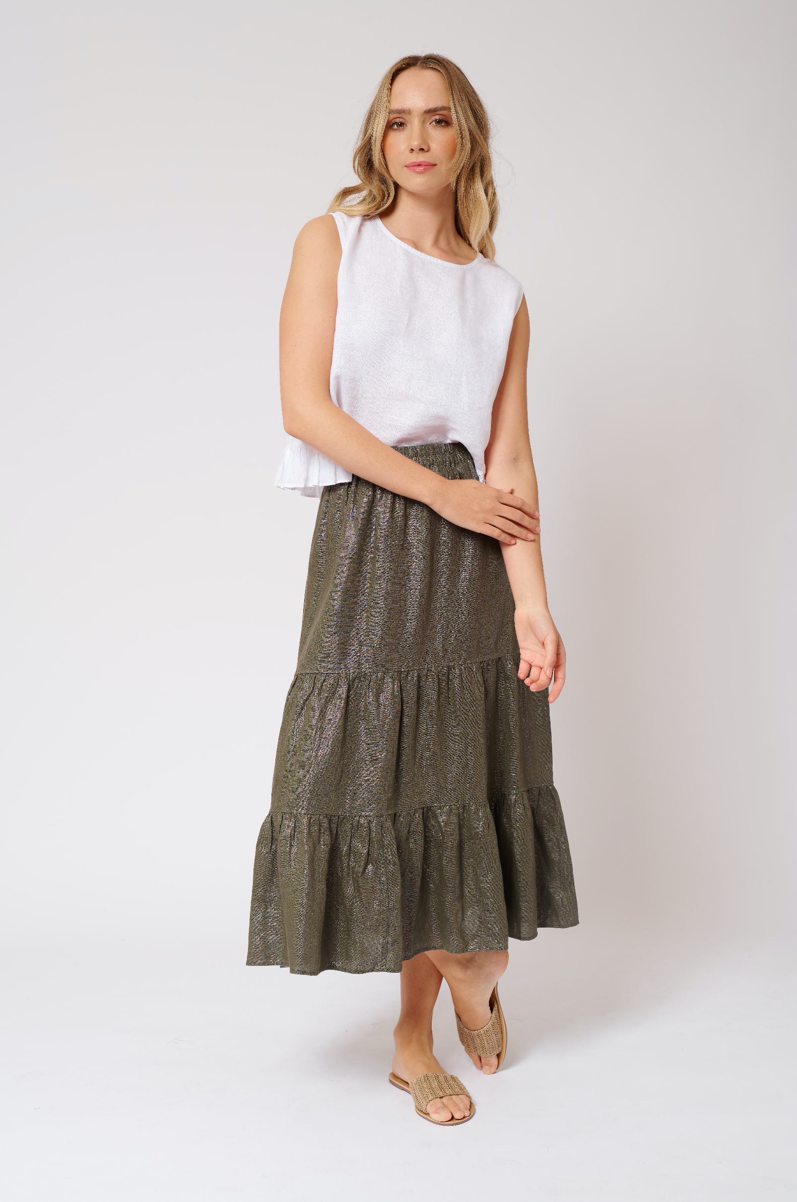 Delilah Skirt in Lurex Linen - Kahki