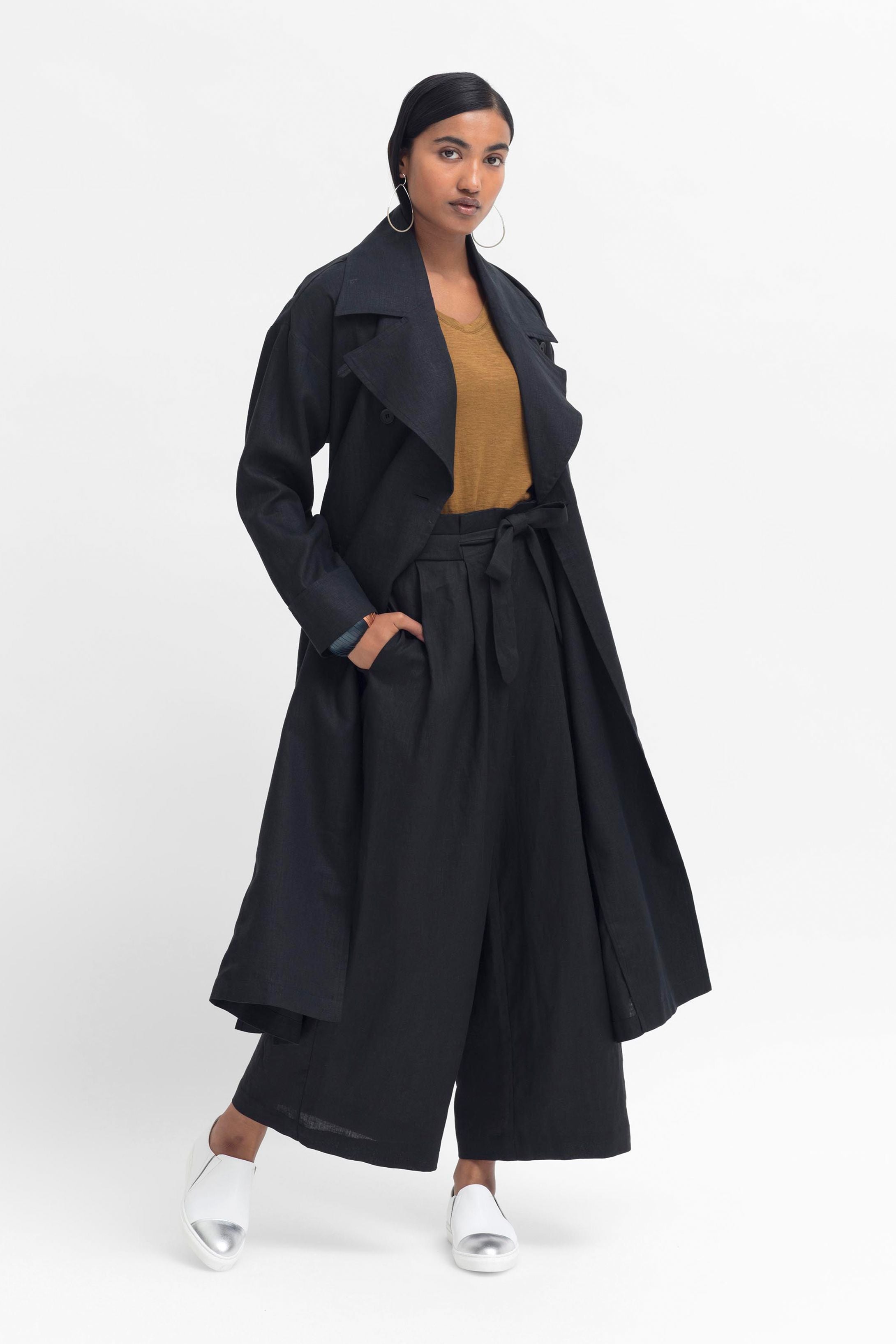 Anneli Linen Trench Coat - Black