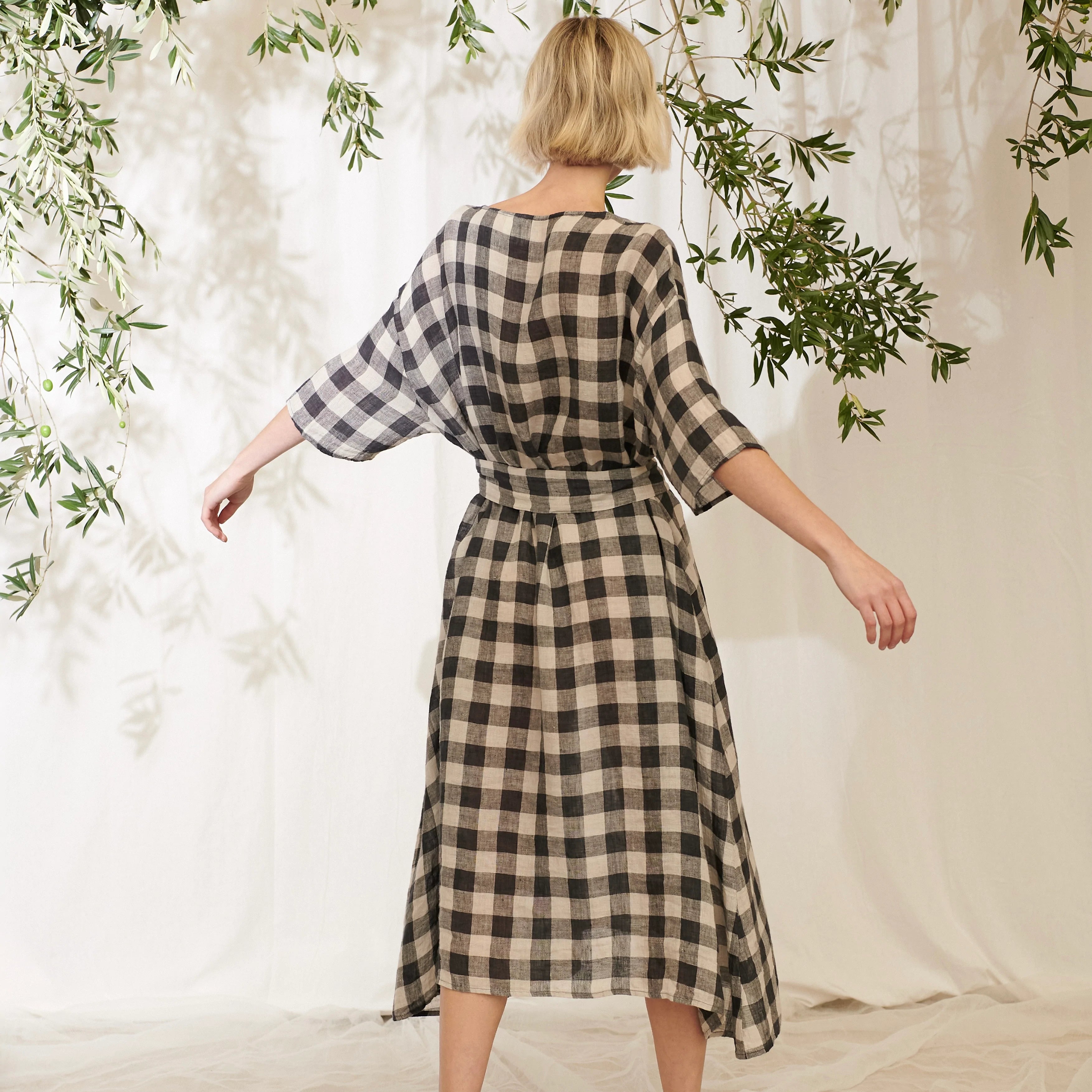 Ava Linen Gauze Check Dress - Soot/Natural