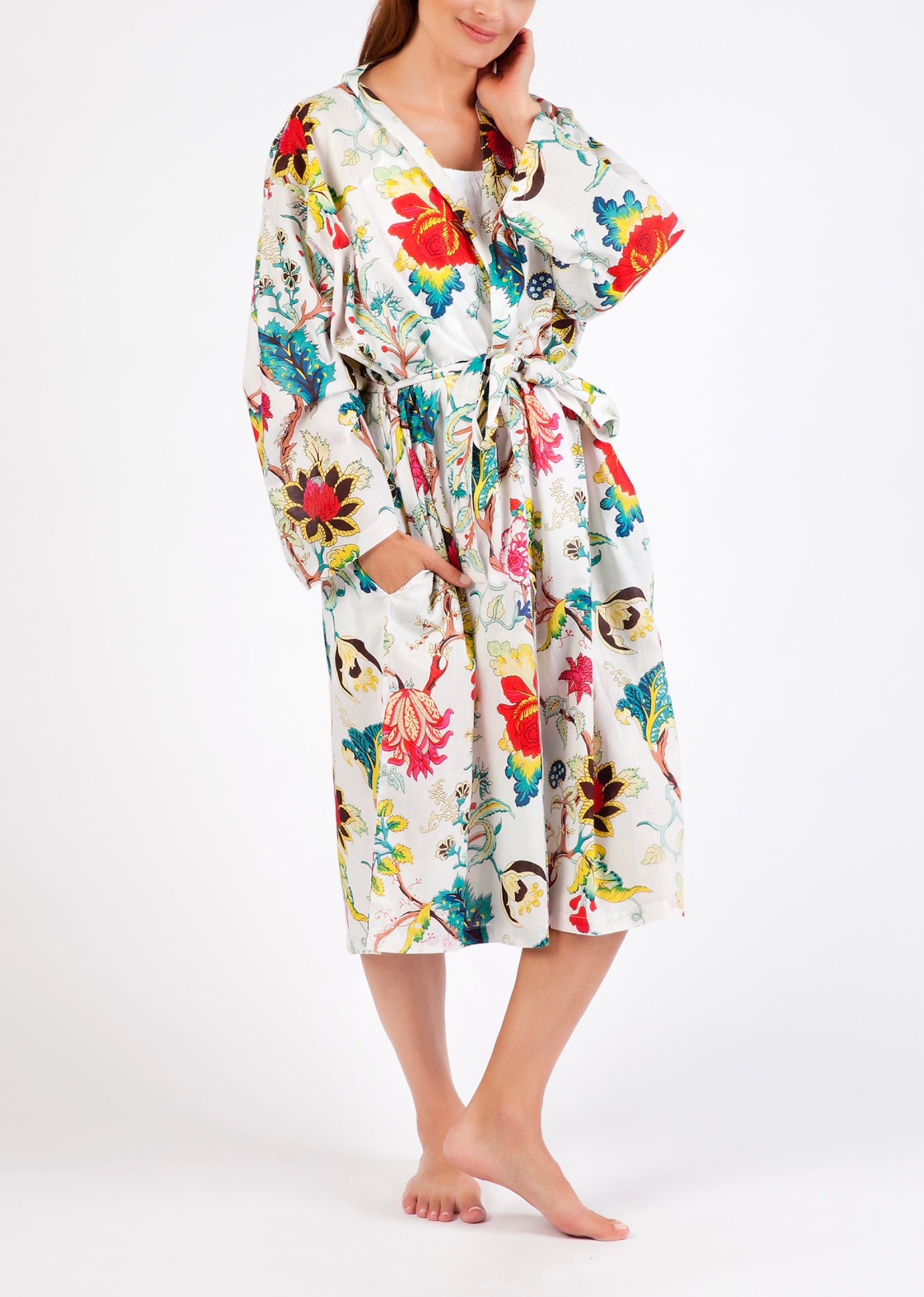 Hand Block Printed Dressing Gown - Red/White Flower