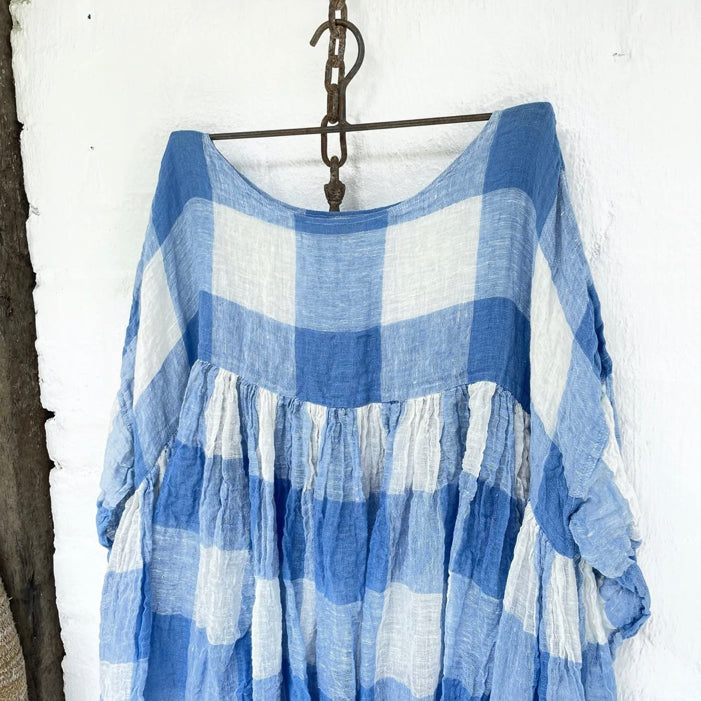 Anouk Linen Gauze Tunic Dress - Blue and White Square