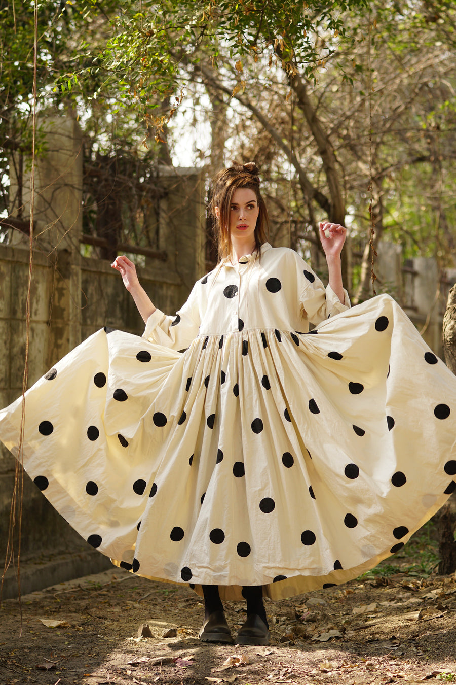 Edith Long Dress Cotton Twill - Cream with Black Polka Dot
