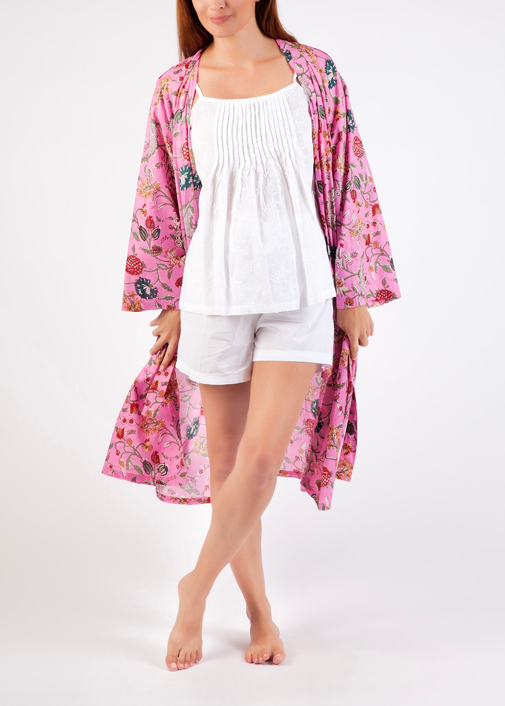 Hand Block Printed Dressing Gown - Pink Floral