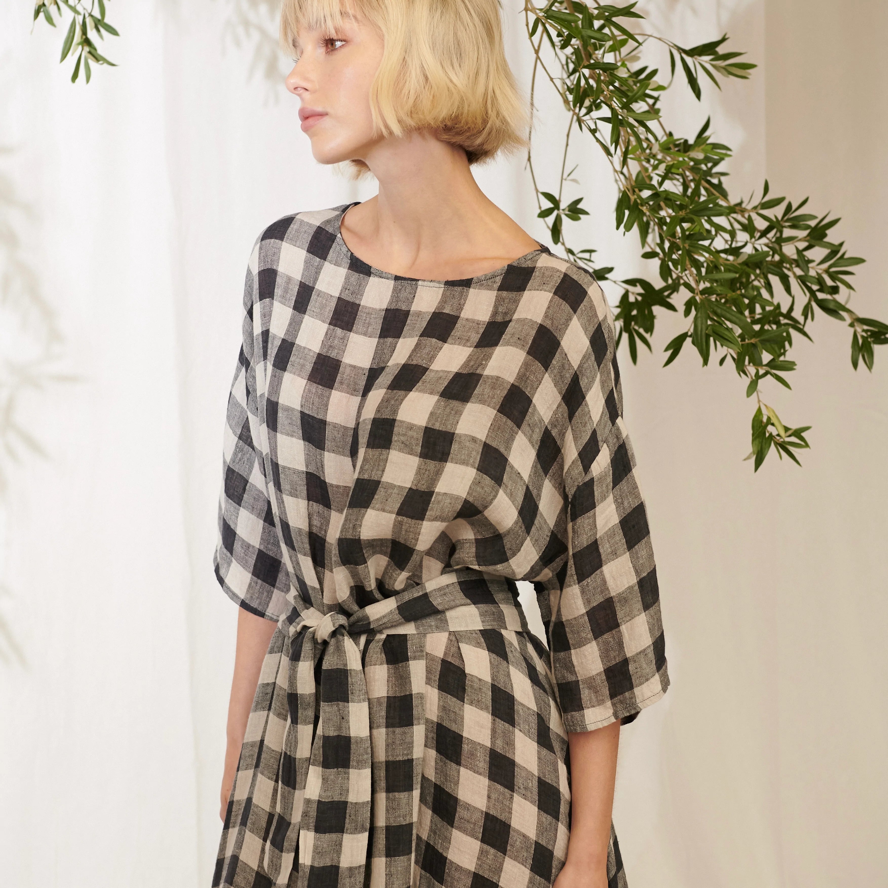 Ava Linen Gauze Check Dress - Soot/Natural