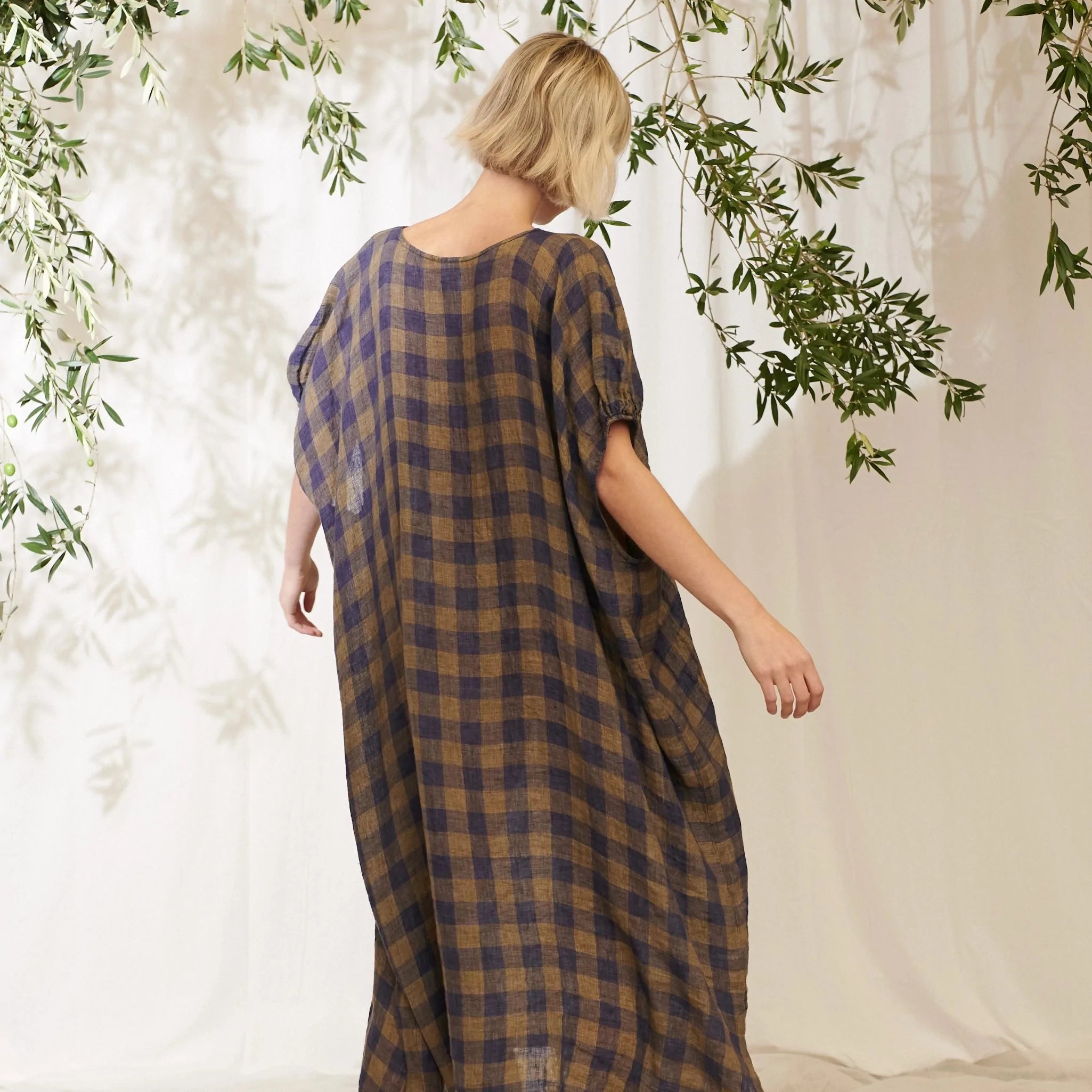 Elinor Oversized Linen Gauze Check Dress - Mica/Indigo