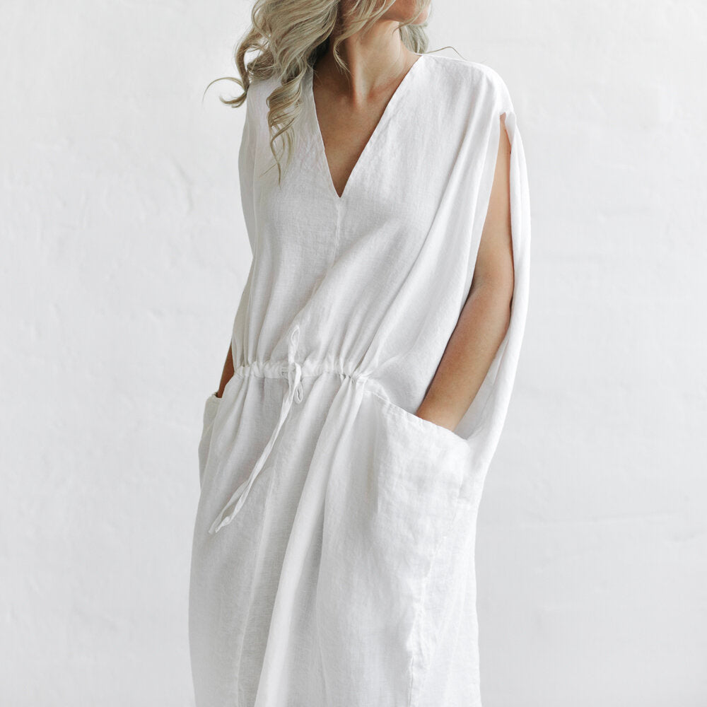 Drawstring Waist Linen Dress - White